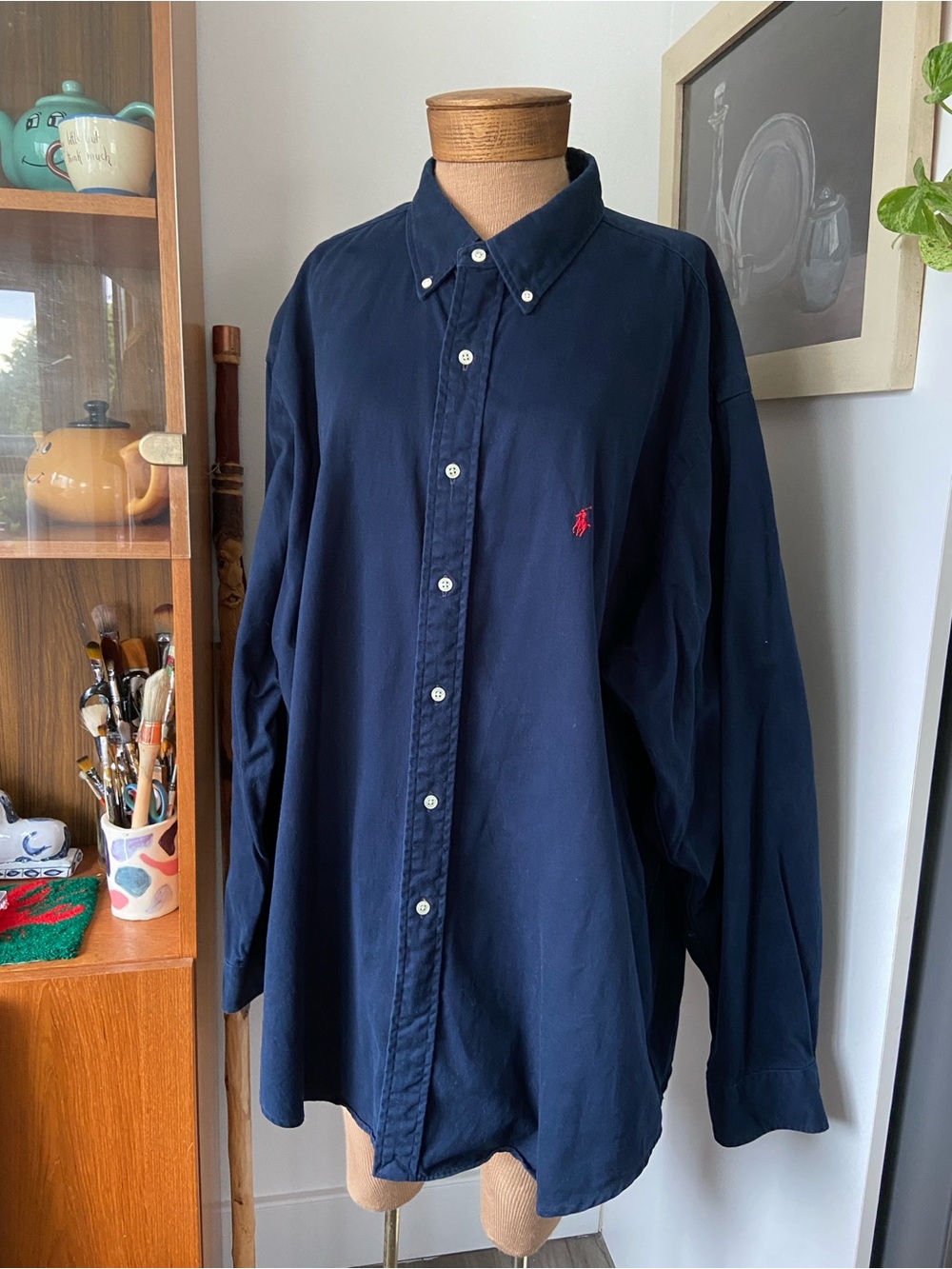90s Vintage Polo by Ralph Lauren Navy Button-Down Shirt Red Polo Logo Men’s XXL